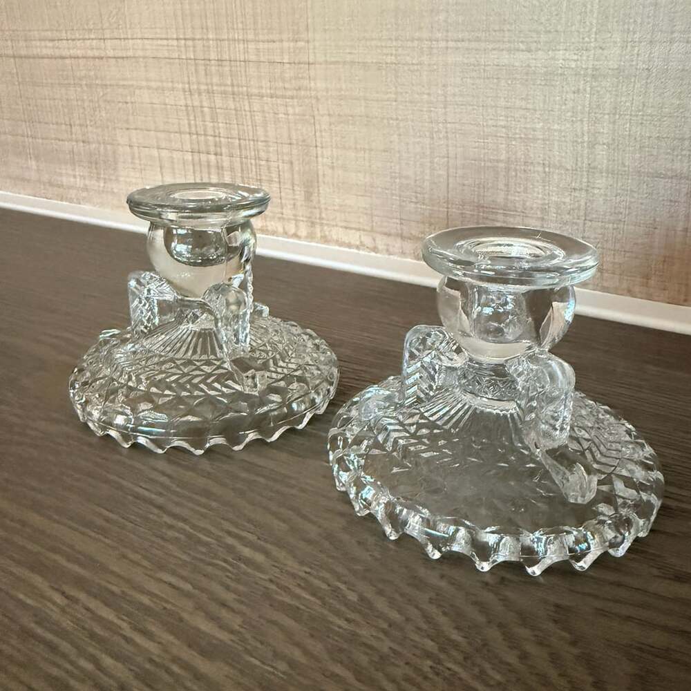 Vintage Anchor Hocking Herringbone Sawtooth Clear Glass Taper Candle Holder
